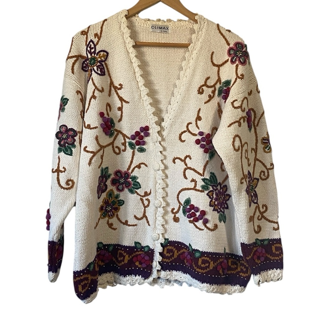 Vintage Clímax Sacha Floral Embroidered chunky knit textured crochet Cardigan XL